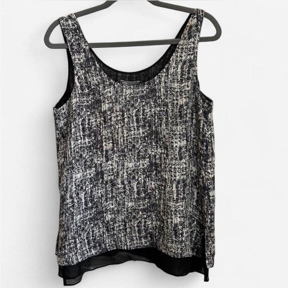 Vince Double Layer Tank Top Size L 100% Silk White Black Abstract Print